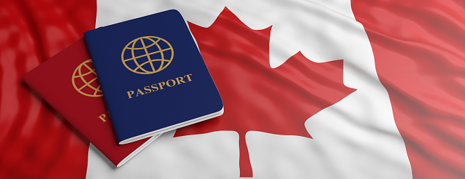 Travelling to Canada, immigration or tourism. Two passports on Canadian flag background, banner, copy space. 3d illustration